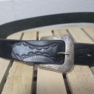Vtg Tooled Weatern Leather Belt Black Silver Engraved Buckle Rodeo Large 35-39